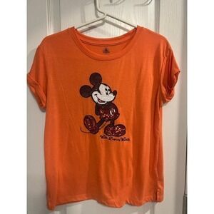 Walt Disney World Mickey Mouse Sequin Orange Graphic‎ T-Shirt, Size Small